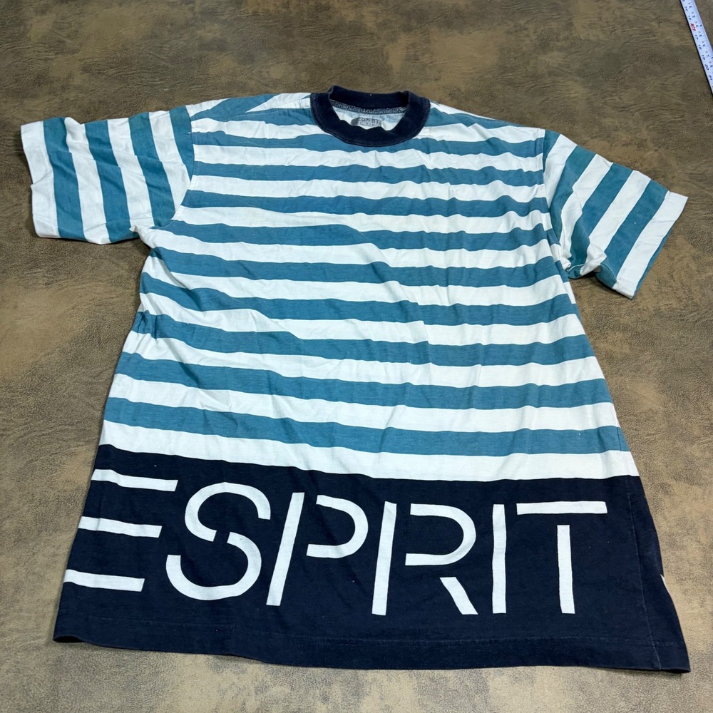 Esprit T-Shirt Mens L Blue Striped Vintage 90s Sport Graphic Tee 4111